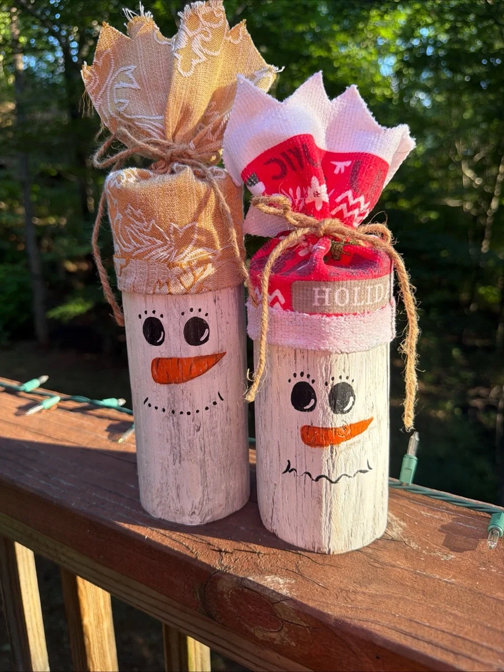 2 Handmade Holiday Snowman Wooden Decor - Red & Tan Fabric Hats